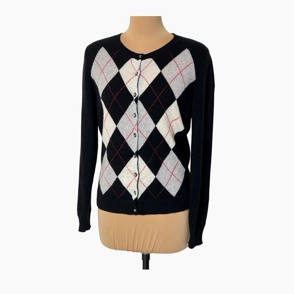 Cashmere Sweater Womens Large Apt 9 Cardigan Black Gray Argyle Preppy Academia - Picture 1 of 6